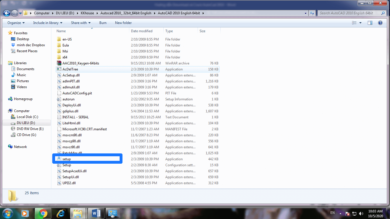 Nhấp vào mục "AutoCAD 2010 – 64bit" và tìm file "Setup"