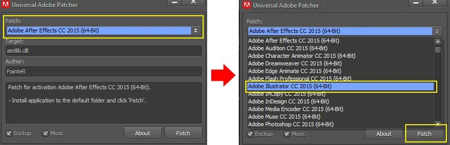 Chọn đúng phiên bản máy tính và Adobe Illustrator bạn cần sau đó nhấn "Patch"