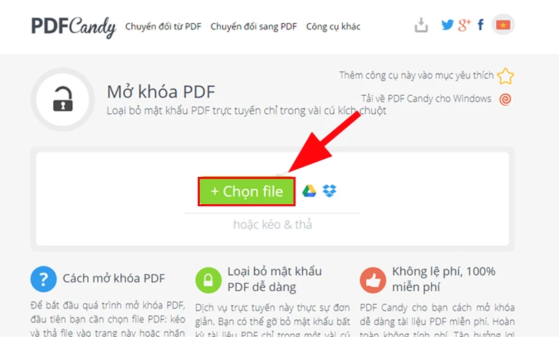 Nhấn chọn File để tải File PDF bị khóa lên PDFCandy