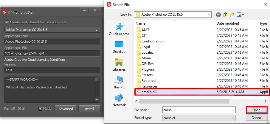 Tìm file amtlib.dll trong mục cài đặt và nhấp Open