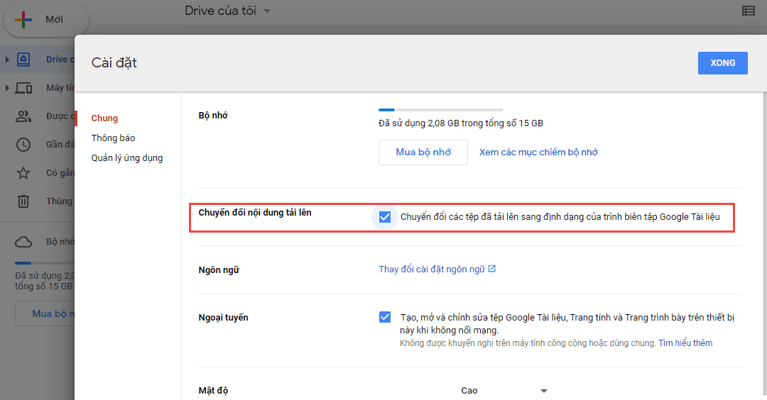 Chọn định dạng Google Tài liệu rồi bấm Xong