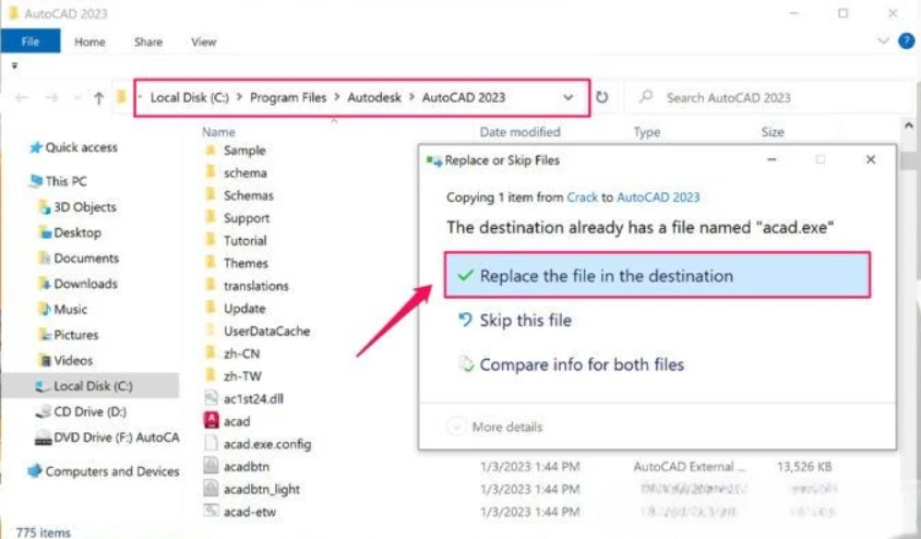 Dán file kích hoạt vừa sao chép vào thư mục gốc của Autocad 2023