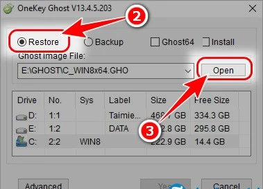 Chọn Restore và nhấn Open tìm đến file Ghost Windows 11