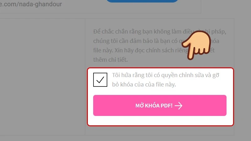 Chấp nhận điều khoản và nhấn mở khóa PDF