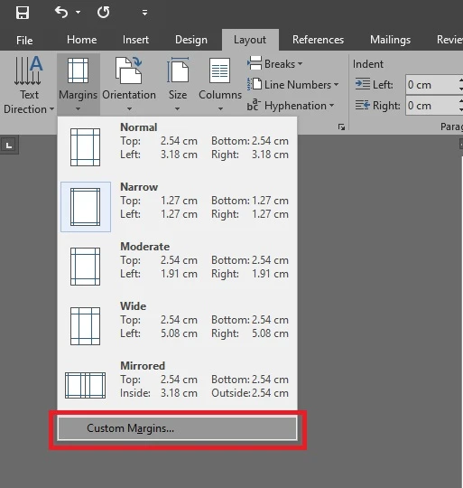 Chọn Custom Margin để tiếp tục