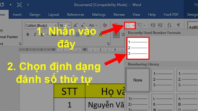 Nhấn vào Numbering > Chọn đúng với định dạng số thứ tự