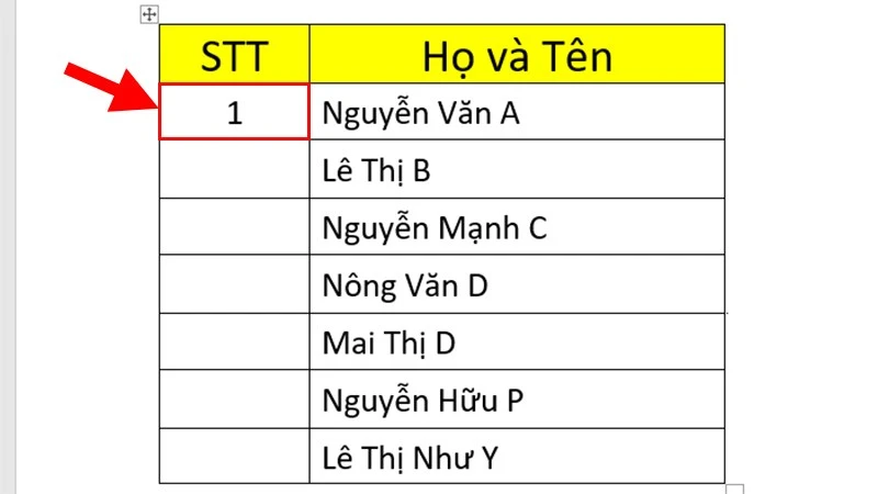 Nhấn OK để đánh số thứ tự đầu tiên