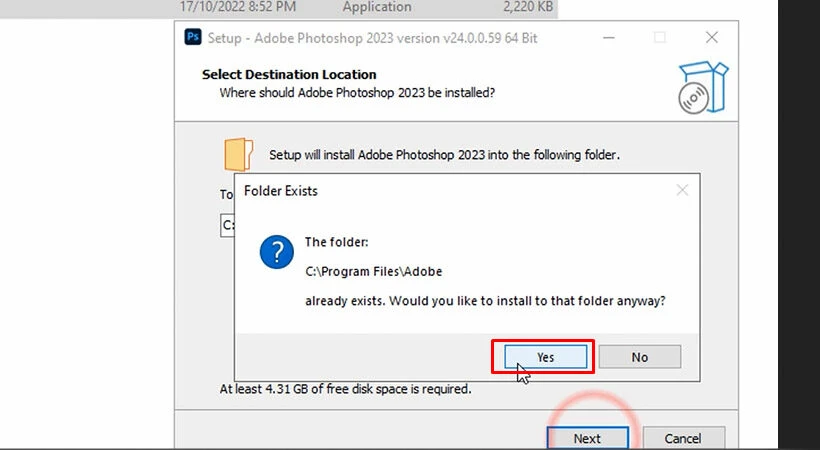 Tiếp tục chọn "Yes" để xác nhận và tiến hành cài đặt Photoshop 2023