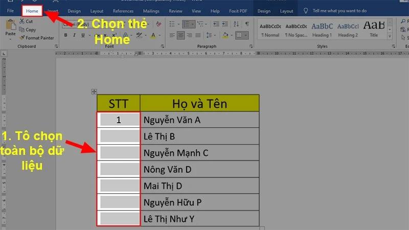 Tô chọn toàn bộ cột cần đánh số thứ tự > Chọn thẻ Home