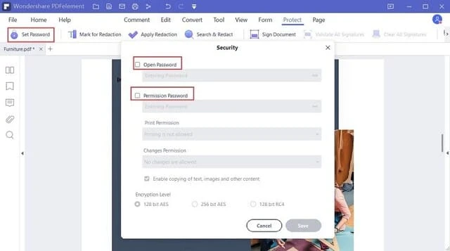 Nhấp vào biểu tượng "Protect", chọn "Set Password" và bỏ chọn quyền mở khóa PDF vĩnh viễn