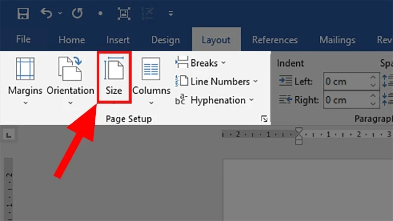 Đi đến phần Page Setup > Nhấn vào Size