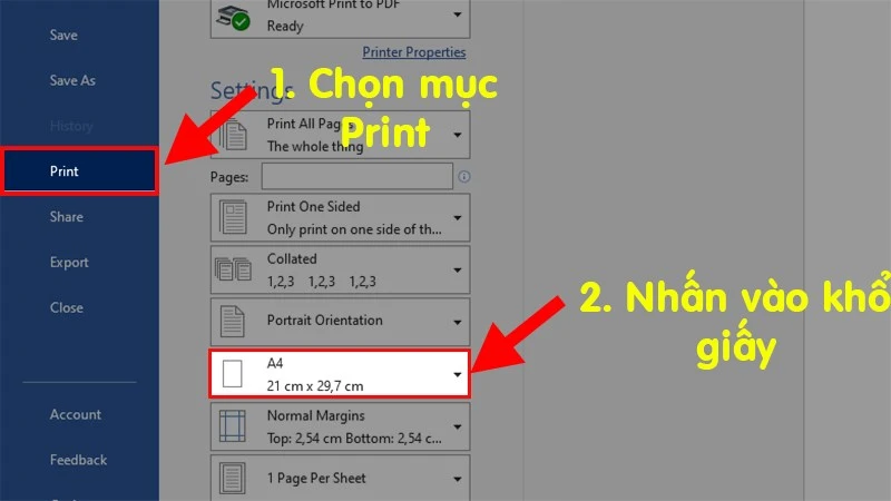 Chọn mục Print > Đến phần Settings > Nhấn vào phần có khổ giấy như trong hình