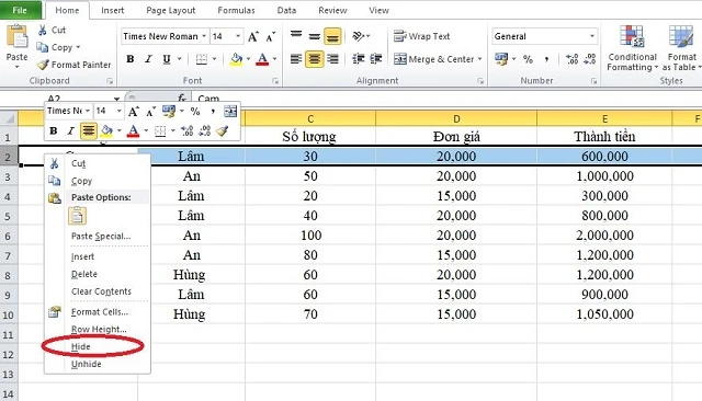 Cách Ẩn Dòng Trong Excel