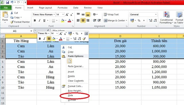 Cách Ẩn Dòng Trong Excel